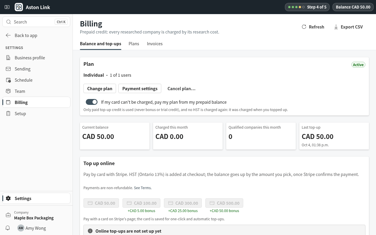 Open Settings › Billing. Current balance shows what is left. Next to it: what was charged this month, how many companies