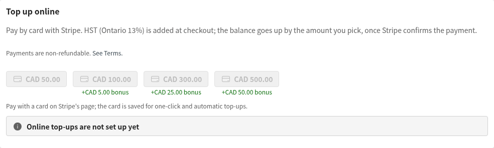 To top up, pick an amount under Top up online and pay by card. Larger top-ups come with a bonus. The daily and monthly s