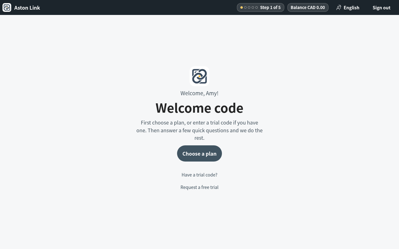 On the welcome screen, press Choose a plan. Have a trial code? Tap Have a trial code? under the button instead.