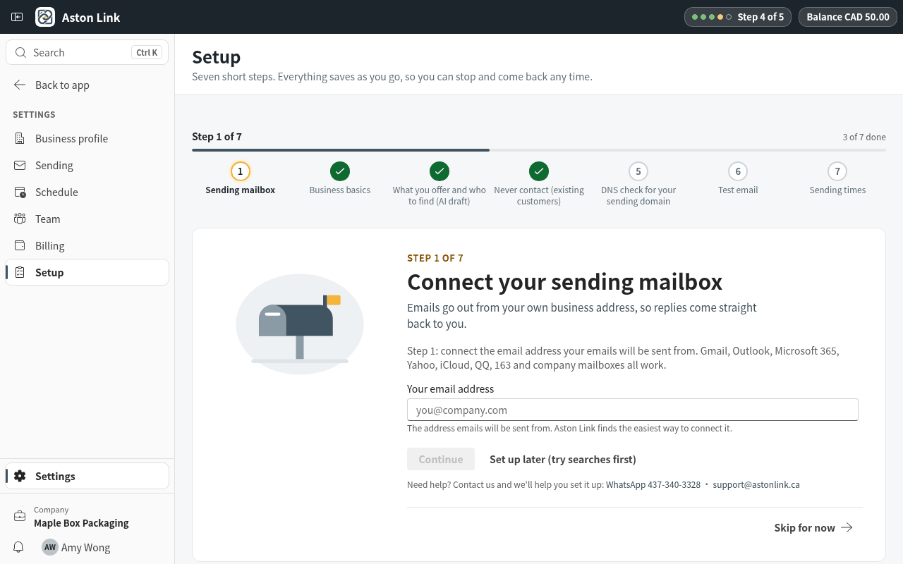 Or press Connect your mailbox to send. Enter your work email: Aston Link finds the right way to connect it. Step-by-step