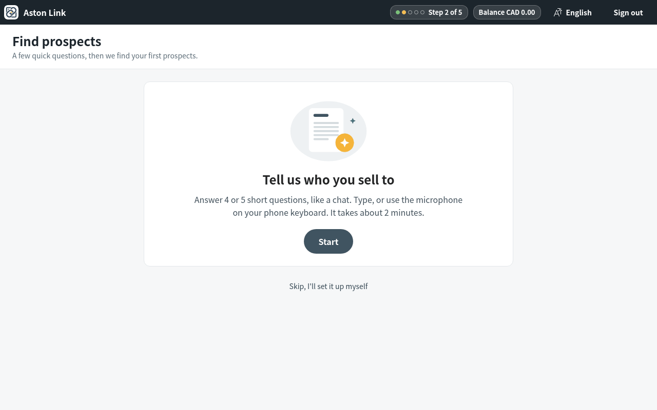 Press Start. Prefer to set everything up yourself? Use Skip, I'll set it up myself at the bottom; you can come back late