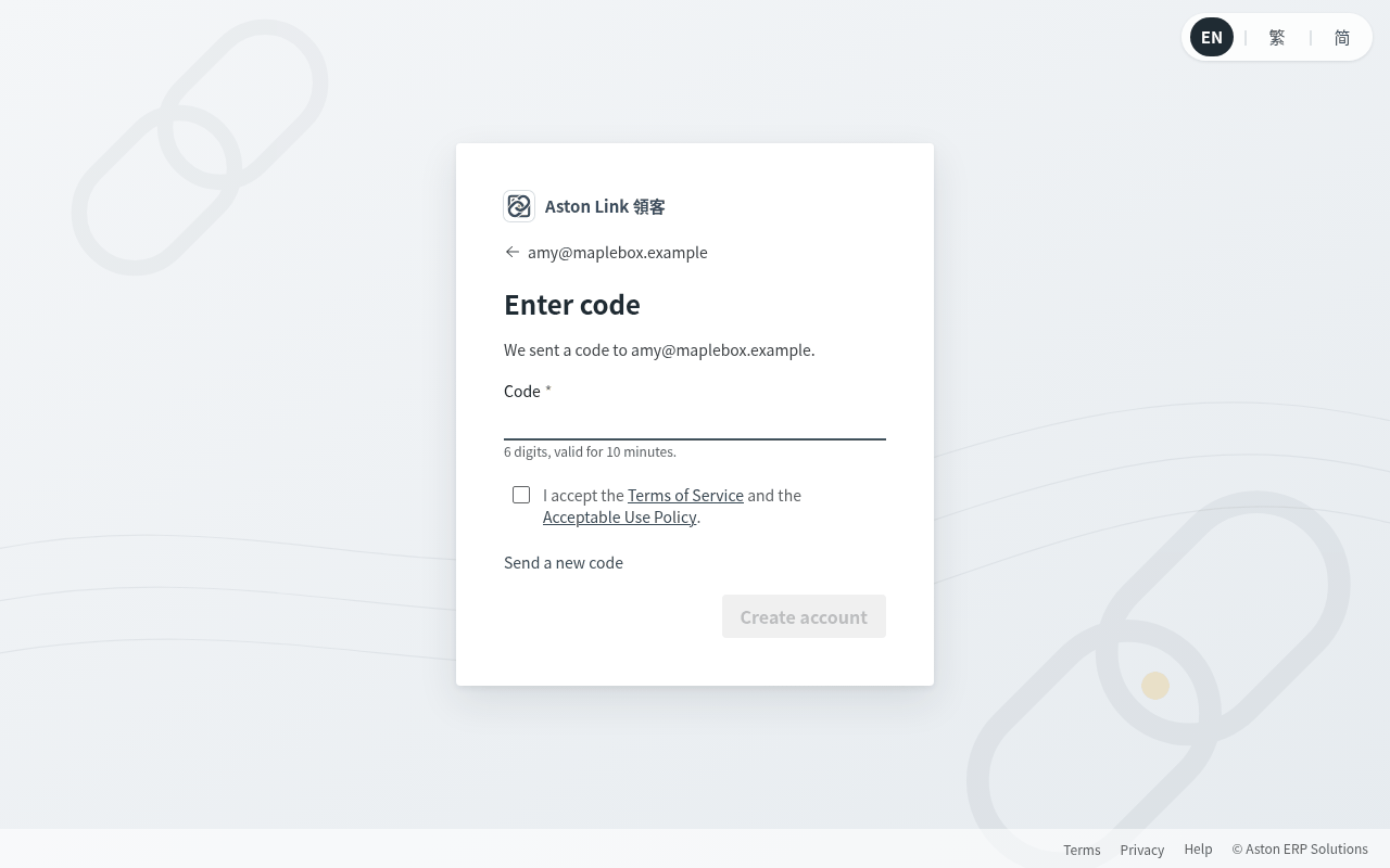 We email you a 6-digit code. Type it in, accept the Terms, and press Create account. If the email doesn't arrive within 