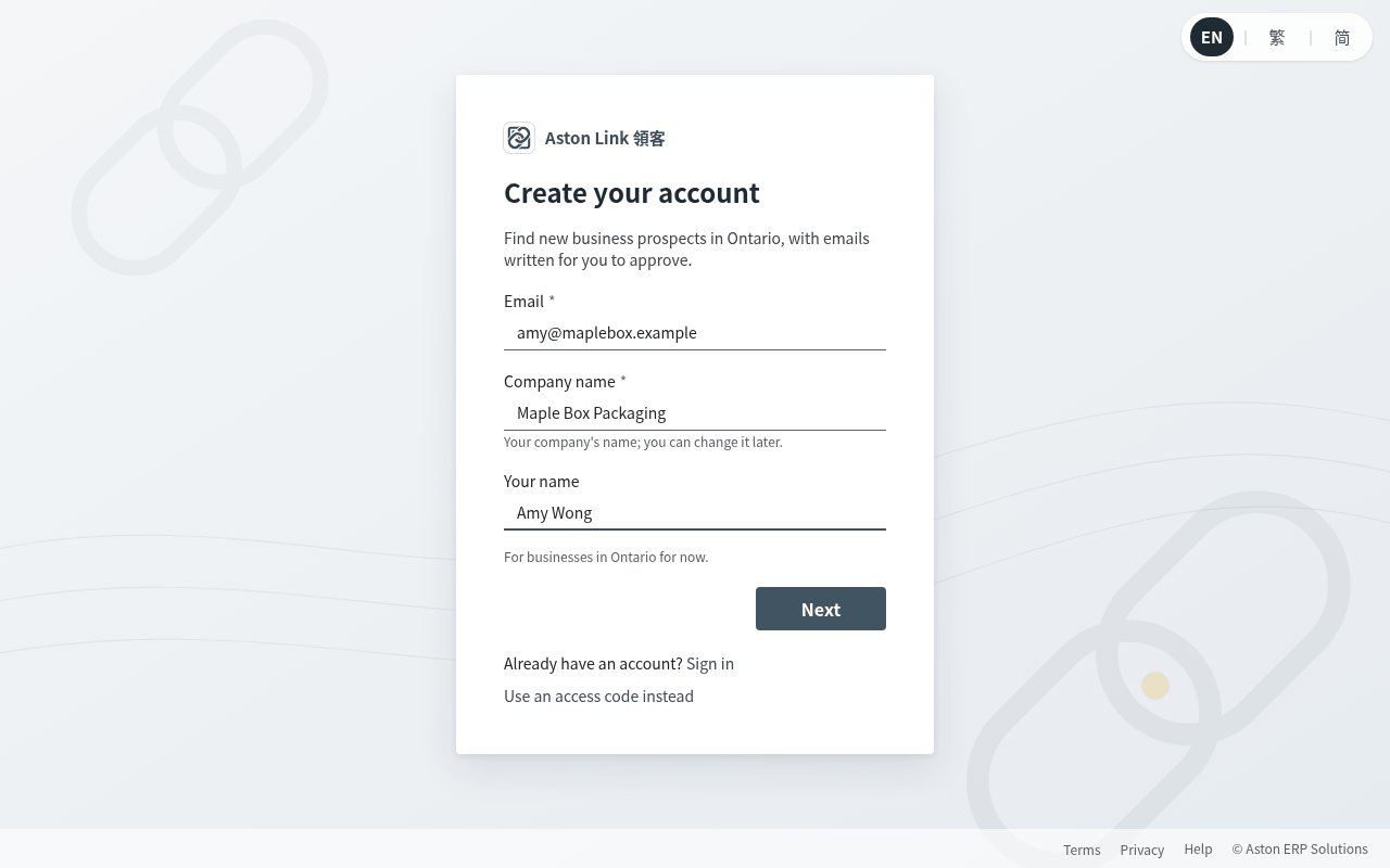 Go to app.astonlink.ca. Under the sign-in box, choose No account? Create one. Pick your language at the top right (EN │ 